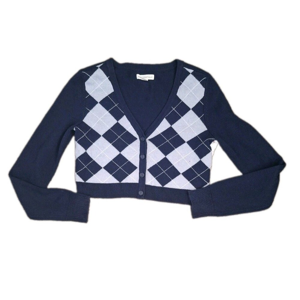 Aeropostale Cropped Cardigan Sweater Juniors Small Blue Argyle Preppy Academia